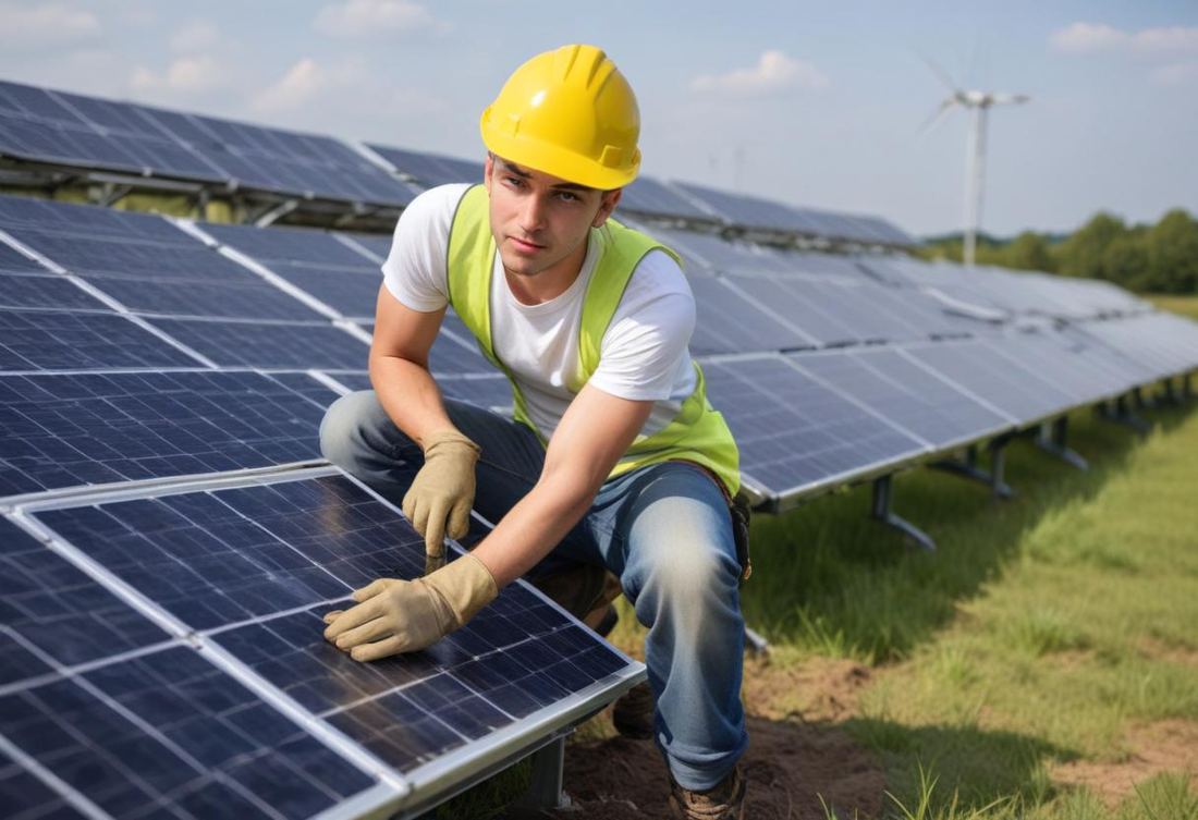 Solar installer inspecting solar panels